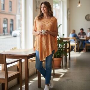 Chico's Top embroidered Triangle Poncho L/Xl Mango Sorbet CottageCore